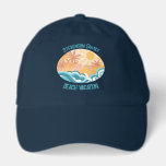 Cute Ocean Waves Beach Trip Custom Surfer Hat<br><div class="desc">Cute vintage style surfing navy blue hat featuring beautiful teal ocean waves and a bright sun with palm trees in the summer. The cool grunge surfer cap is complimented with distressed teal blue custom text for your family vacation or beach trip.</div>