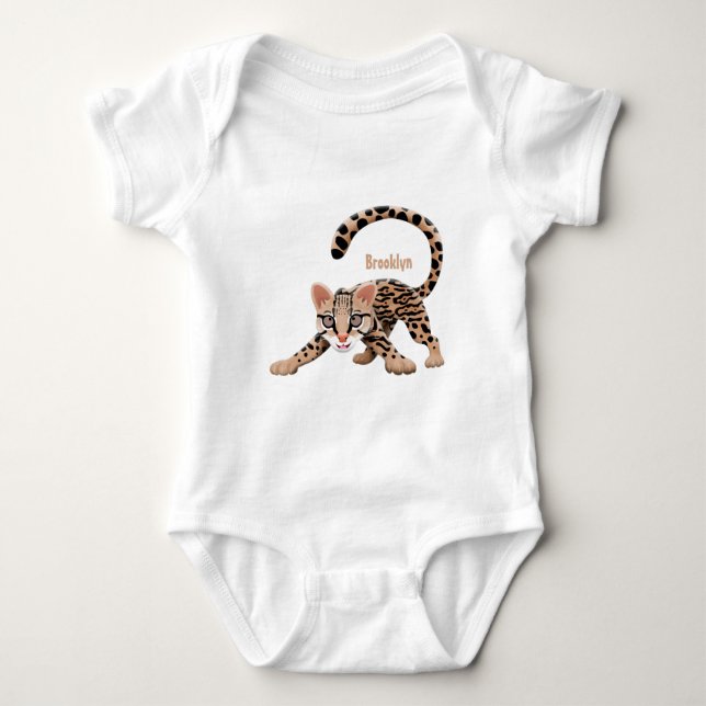 Cute ocelot cartoon illustration baby bodysuit (Front)