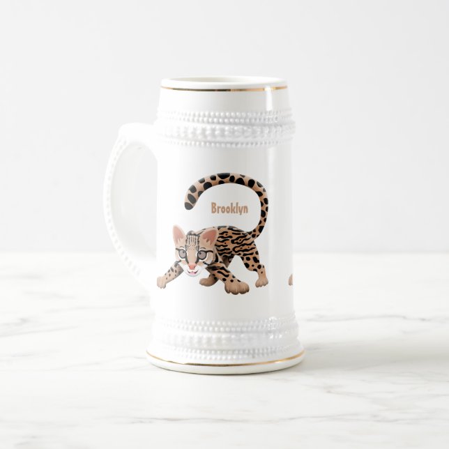 Cute ocelot cartoon illustration beer stein (Front Left)