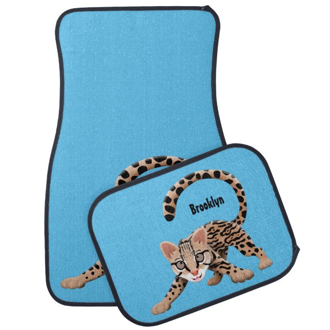 Cute ocelot cartoon illustration car floor mat (Set)