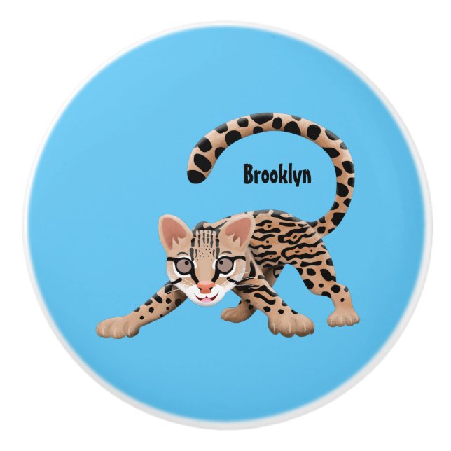 Cute ocelot cartoon illustration  ceramic knob (Front)