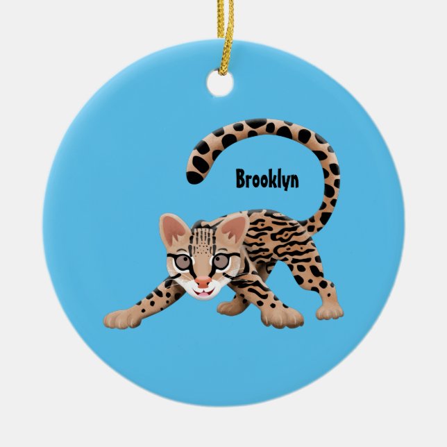Cute ocelot cartoon illustration ceramic ornament (Front)