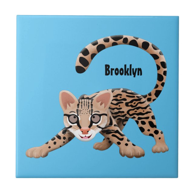 Cute ocelot cartoon illustration  ceramic tile (Front)