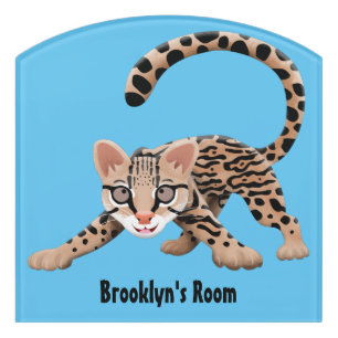 Cute ocelot cartoon illustration door sign