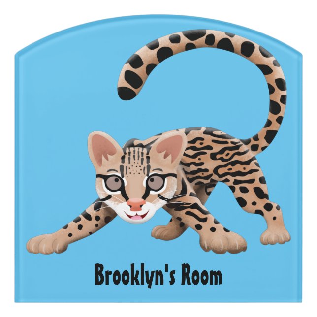 Cute ocelot cartoon illustration  door sign (Contour Front)