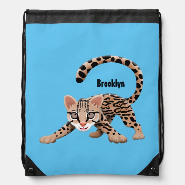 Cute ocelot cartoon illustration  drawstring bag (Front)