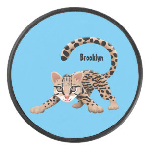 Cute ocelot cartoon illustration hockey puck