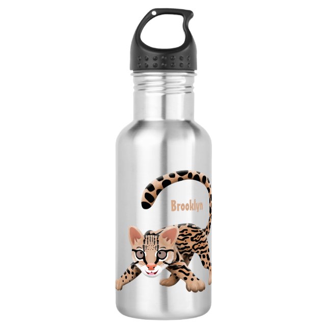 Cute ocelot cartoon illustration stainless steel water bottle (Front)