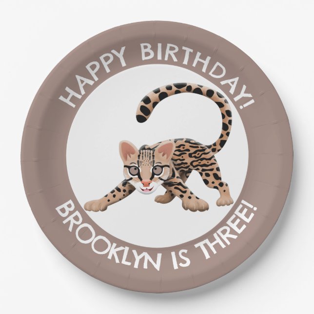 Cute ocelot cartoon personalized birthday paper plates (Front)