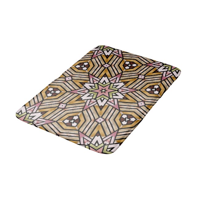 Cute Ochre Yellow Brown Pink Mosaic Pattern Bathroom Mat (Angled)