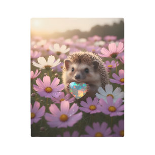 Cute October Hedgehog with Opal Heart Metal Print