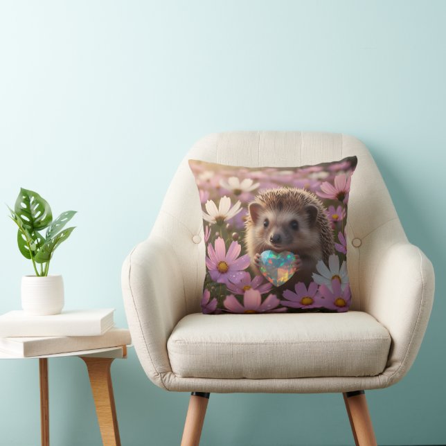 Cute October Hedgehog with Opal Heart Throw Pillow (Chair)