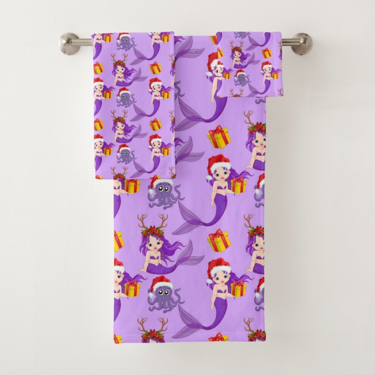 Cute Octopus and mermaid Beach Christmas Bath Towel Set Zazzle