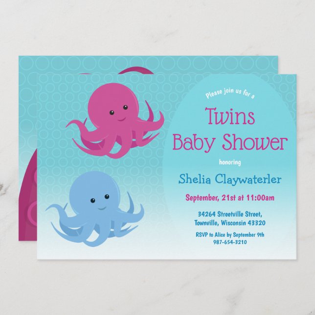 Cute Octopus Animal Twin Baby Shower Invitation (Front/Back)