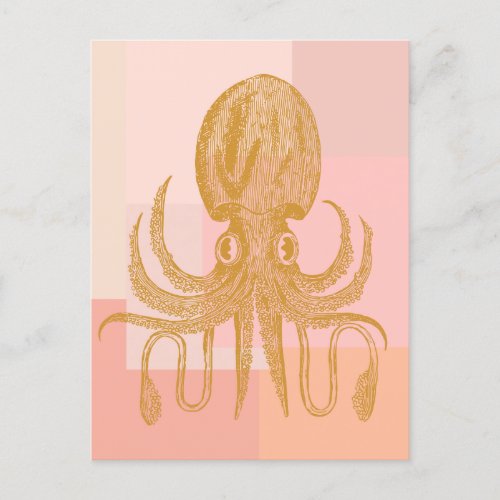 Cute Octopus Art Illustration in Pink and Gold Postcard
