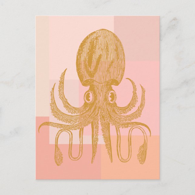 Cute Octopus Art Illustration in Pink and Gold Postcard (Front)