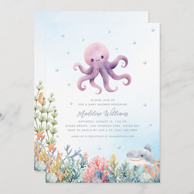 Cute Octopus Baby Shower Invitation (Front/Back)