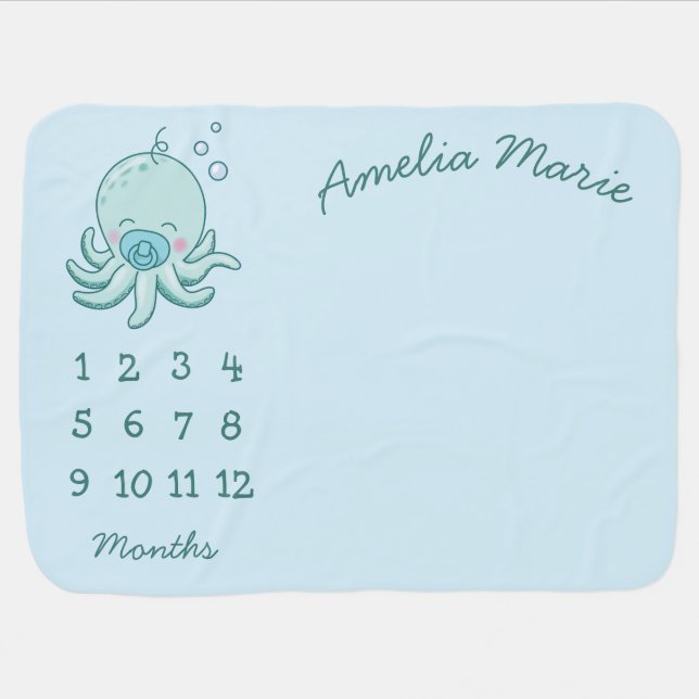 Cute Octopus Baby Shower Kawaii Blue Boy Baby Blanket (Horizontal)