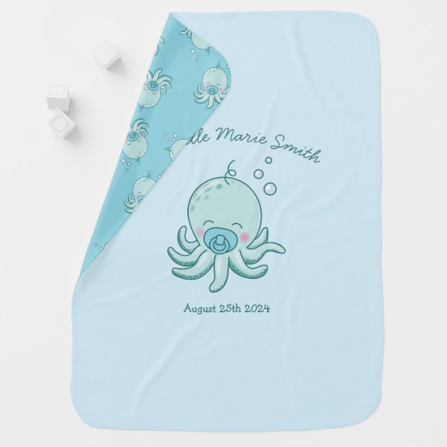 Cute Octopus Baby Shower Kawaii Blue Boy Baby Blanket (In Situ)