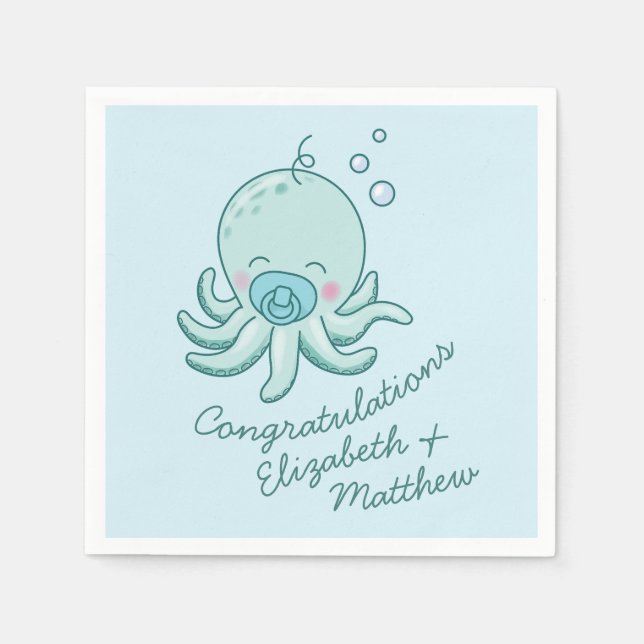 Cute Octopus Baby Shower Kawaii Blue Boy Napkins (Front)
