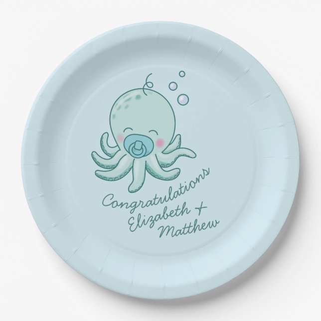 Cute Octopus Baby Shower Kawaii Blue Boy Paper Plates (Front)