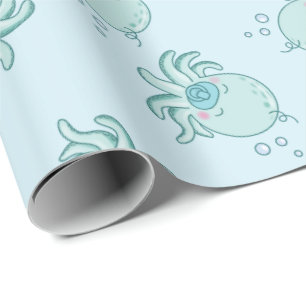 Cute Octopus Baby Shower Kawaii Blue Boy Wrapping Paper