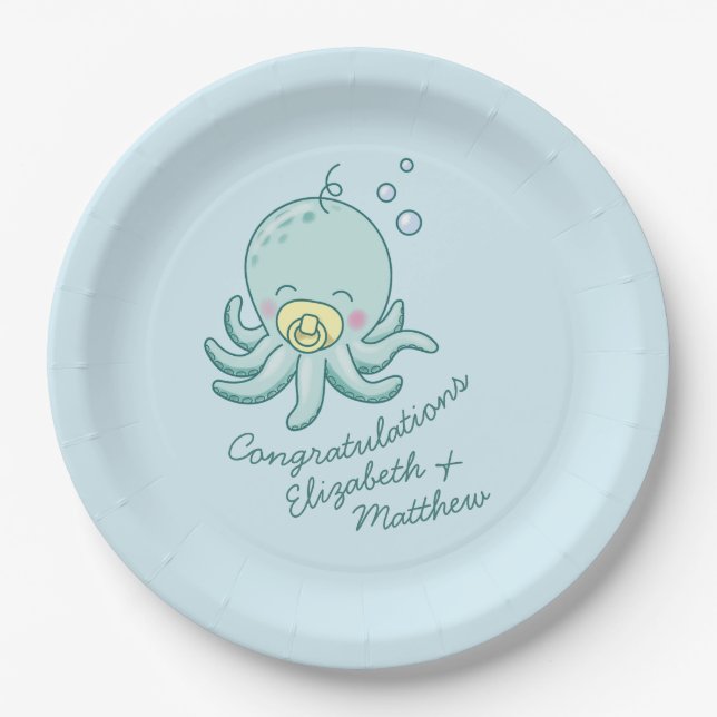 Cute Octopus Baby Shower Kawaii Paper Plates (Front)