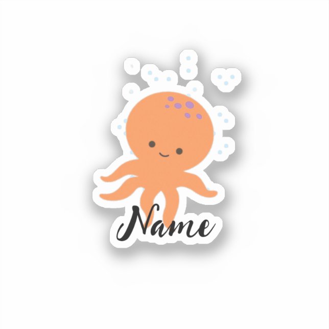 Cute Octopus Cartoon Add Name Sticker (Front)