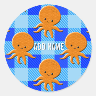 Cute Octopus Cartoon Blue Plaid Custom Name Classic Round Sticker