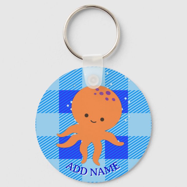 Cute Octopus Cartoon Blue Plaid Custom Name Keychain (Front)