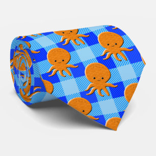 Cute Octopus Cartoon Blue Plaid Custom Name Neck Tie