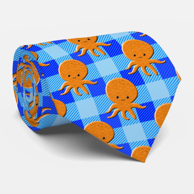 Cute Octopus Cartoon Blue Plaid Custom Name Neck Tie (Rolled)