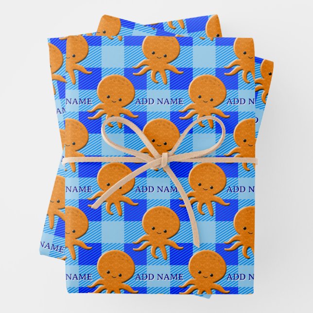 Cute Octopus Cartoon Blue Plaid Custom Name Wrapping Paper Sheets (In situ)