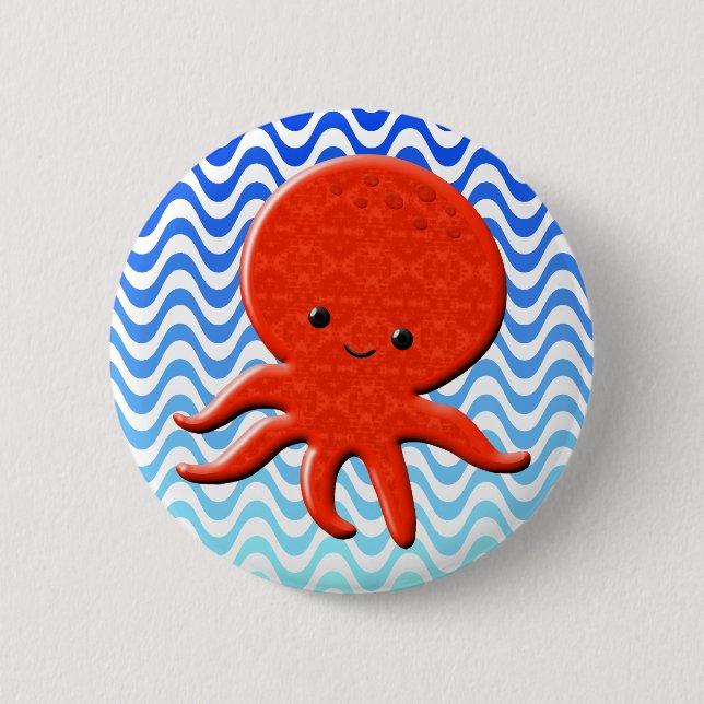Cute Octopus Cartoon Blue Waves Button (Front)