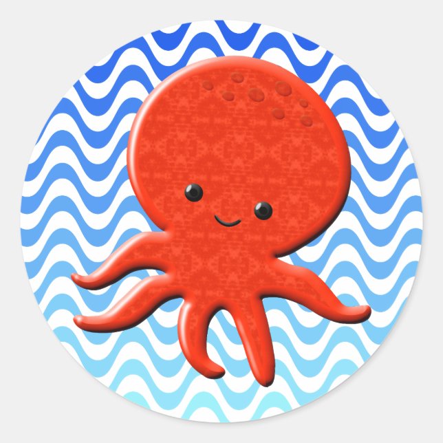 Cute Octopus Cartoon Blue Waves Classic Round Sticker (Front)