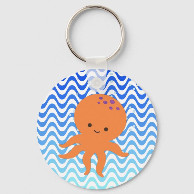Cute Octopus Cartoon Blue Waves Keychain (Front)