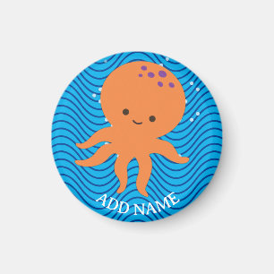 Cute Octopus Cartoon Blue Waves Pattern Magnet