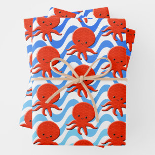Cute Octopus Cartoon Blue Waves Wrapping Paper Sheets