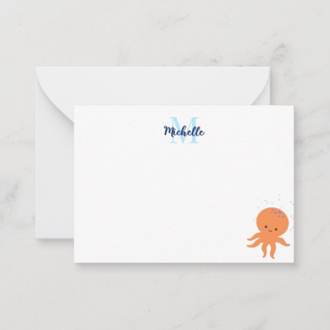 Cute Octopus Cartoon Custom Monogram Note Card (Front)