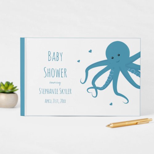 Cute Octopus Cartoon Heart Blue Baby Shower Guest Book