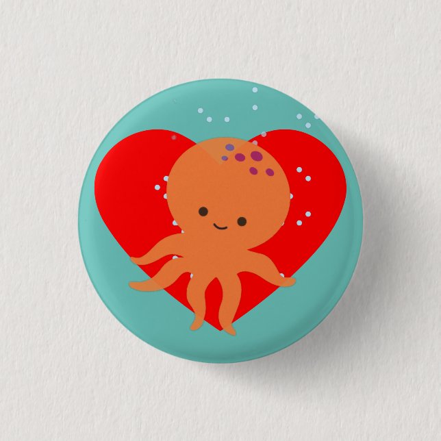Cute Octopus Cartoon Red Heart Button (Front)