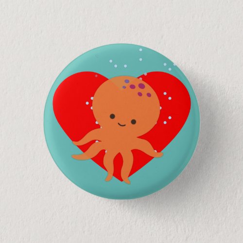 Cute Octopus Cartoon Red Heart Button