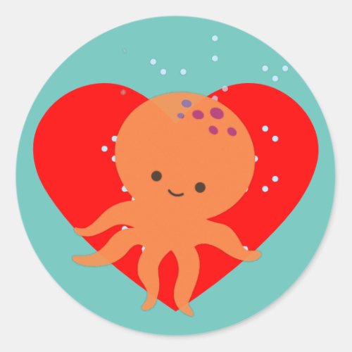 Cute Octopus Cartoon Red Heart Classic Round Sticker