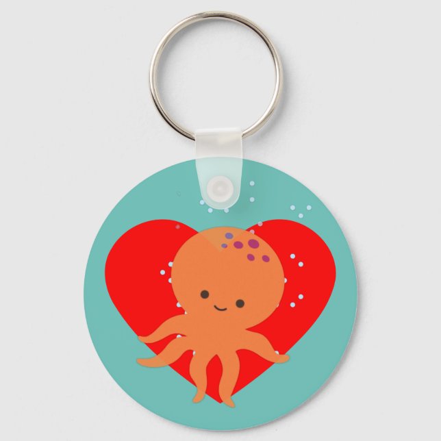 Cute Octopus Cartoon Red Heart Keychain (Back)