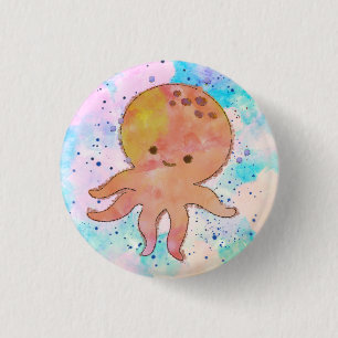 Cute Octopus Cartoon Watercolor Button