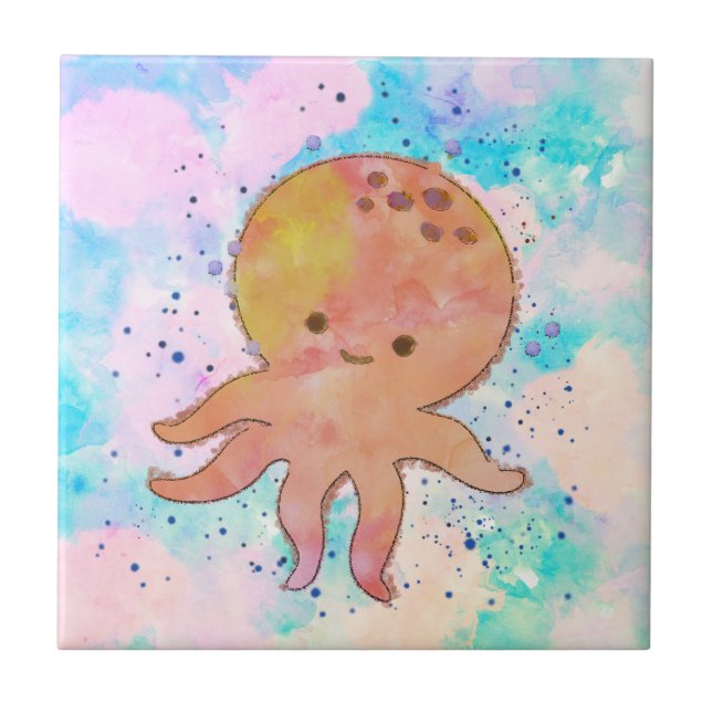 Cute Octopus Cartoon Watercolor Ceramic Tile (Front)