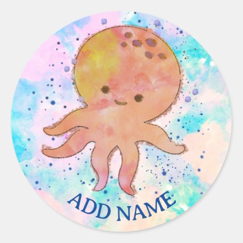 Cute Octopus Cartoon Watercolor Custom Name Classic Round Sticker