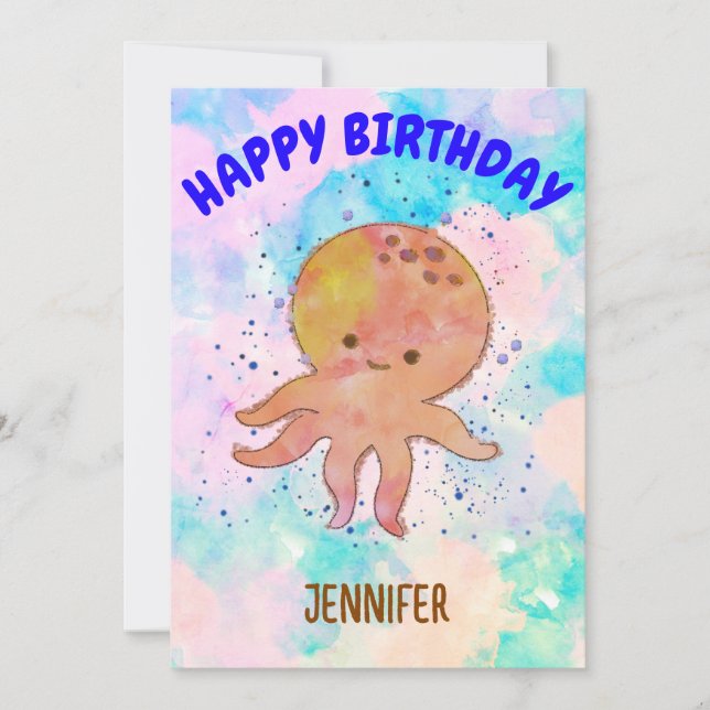 Cute Octopus Cartoon Watercolor Invitation (Front)