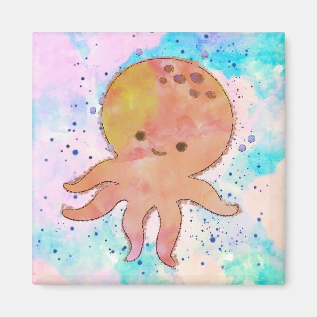 Cute Octopus Cartoon Watercolor Magnet (Front)