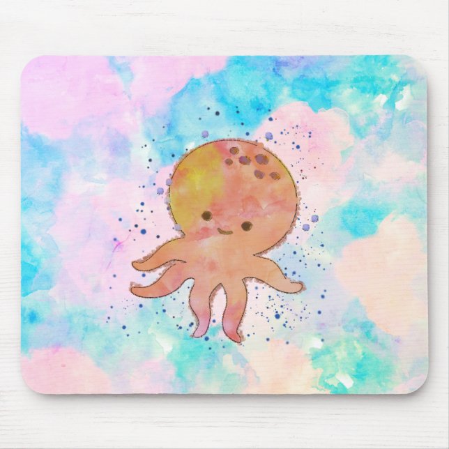 Cute Octopus Cartoon Watercolor Mouse Pad (Front)